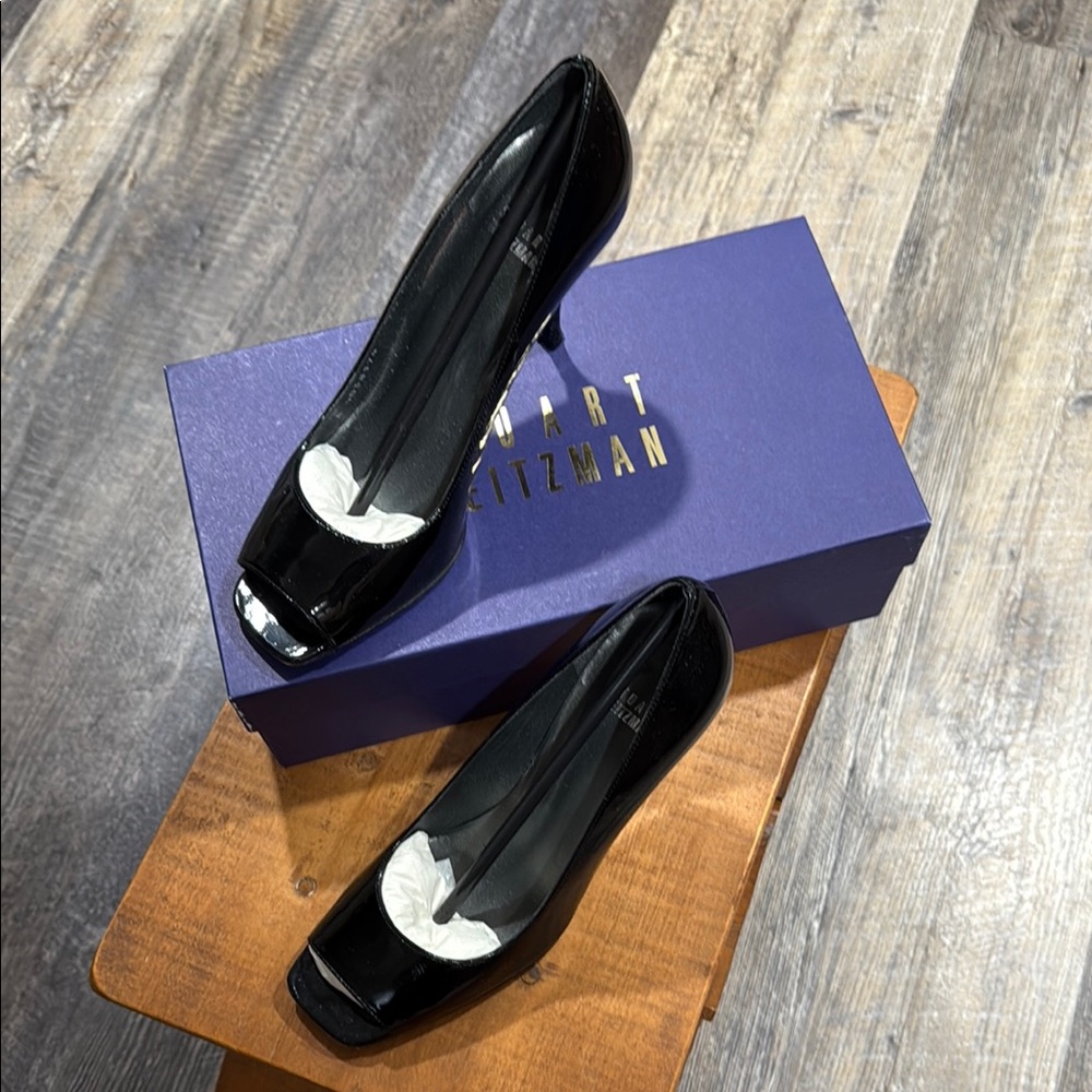 Stuart Weitzman Glossy Black Peep-Toe Heels Linda